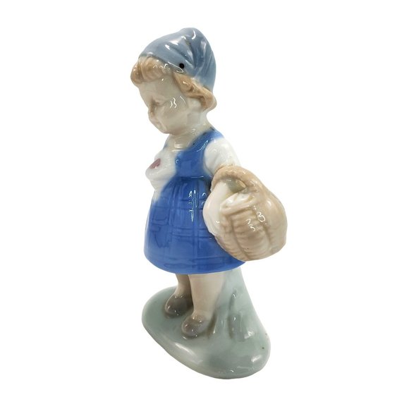 Vintage Lego Japan Porcelain Girl Figurine Blue Dress & Cap Basket Flowers - Picture 2 of 7